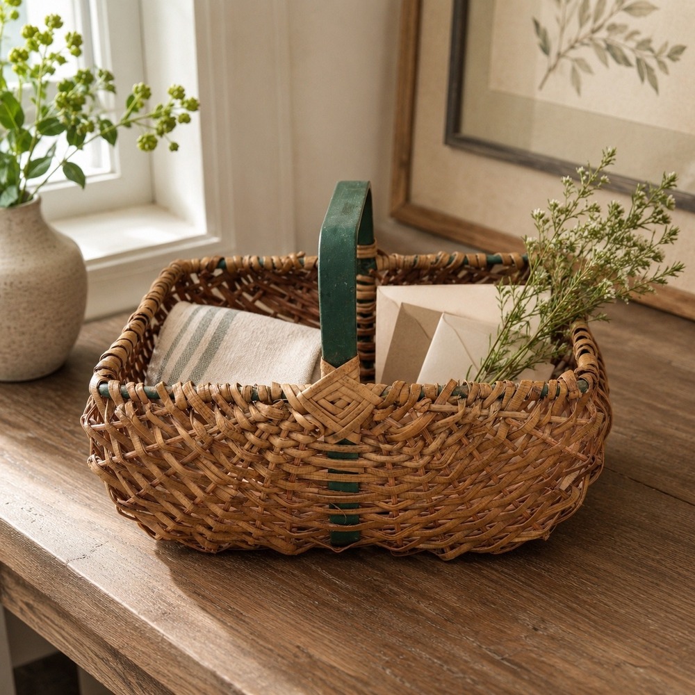 Vintage Wicker Gathering Basket Green Handle‎ Cottage Decor Organizer 1970s